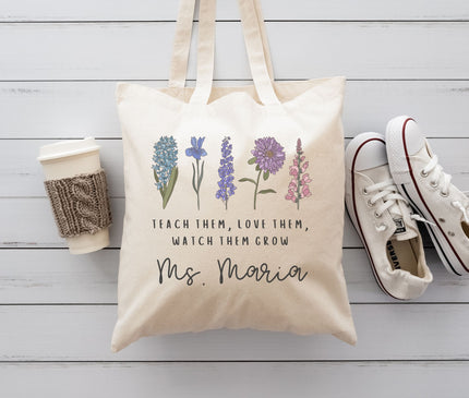 Personalized Teacher Canvas Tote Bag, Teach Them Love Them Watch them Grow