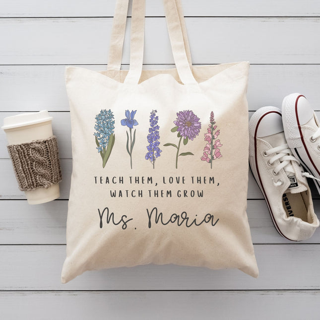 Personalized Teacher Canvas Tote Bag, Teach Them Love Them Watch them Grow