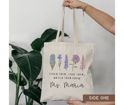 Personalized Teacher Canvas Tote Bag, Teach Them Love Them Watch them Grow