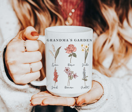 Personalized Birth Month Flower Mug, Grandma's Garden Gift