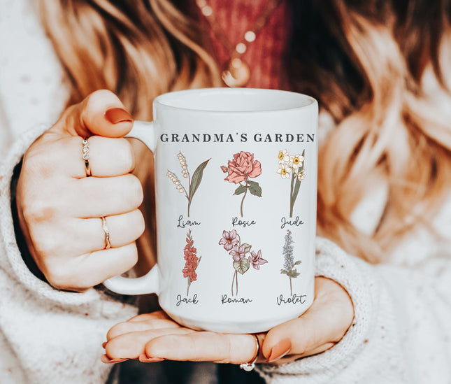 Personalized Birth Month Flower Mug, Grandma's Garden Gift