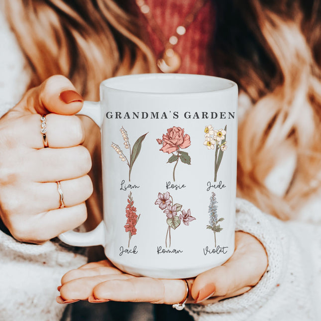 Personalized Birth Month Flower Mug, Grandma's Garden Gift
