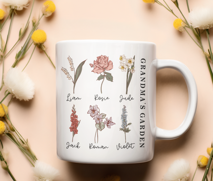 Birth Month Flower Mug: Personalized Mom Coffee Cup, Grandma's Garden