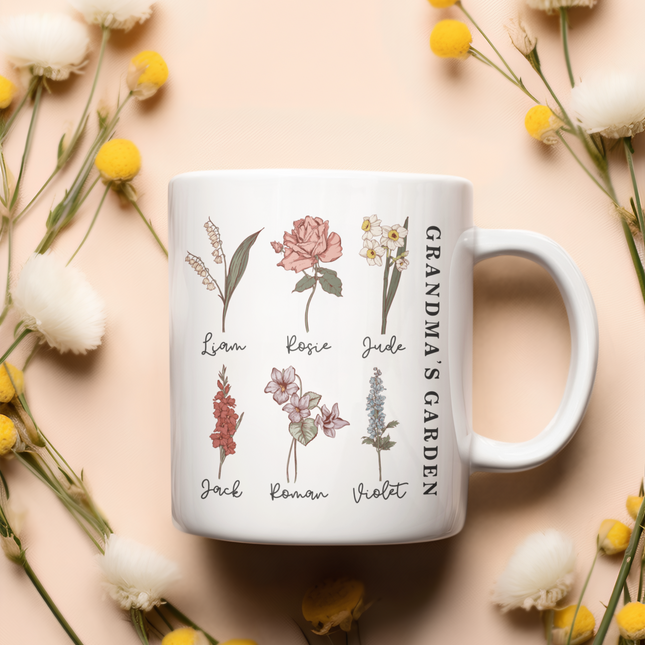 Birth Month Flower Mug: Personalized Mom Coffee Cup, Grandma's Garden