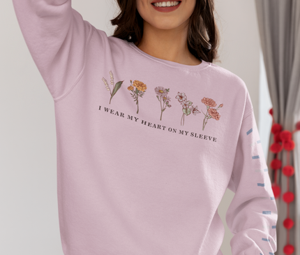 I Wear my Heart on My Sleeve Custom Birth Flower Sweatshirt with Sleeve Design