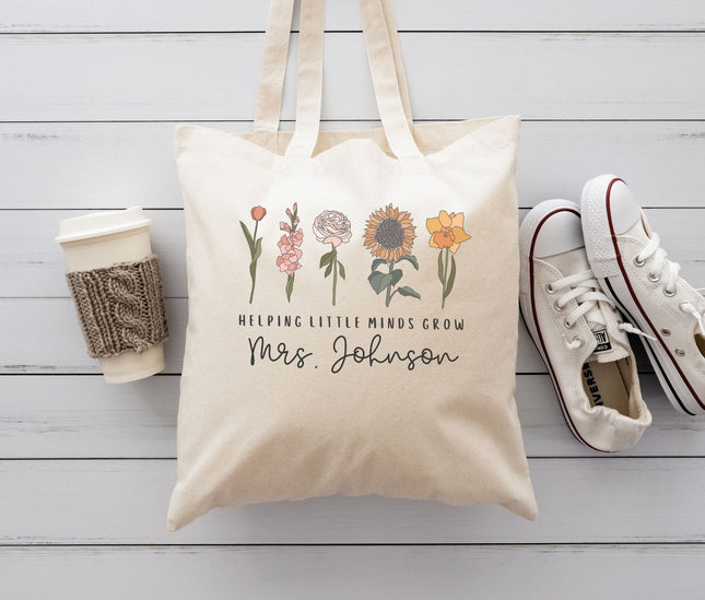 Personalized Teacher Canvas Tote Bag, Helping Little Minds Grow