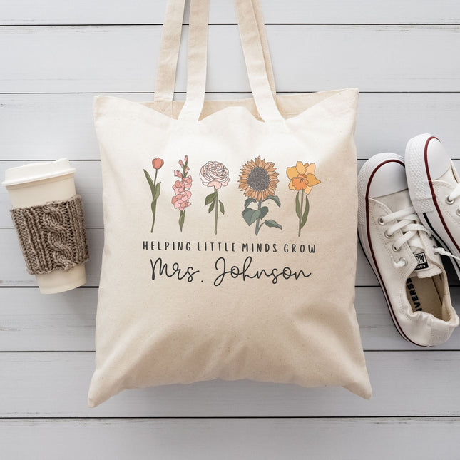 Personalized Teacher Canvas Tote Bag, Helping Little Minds Grow