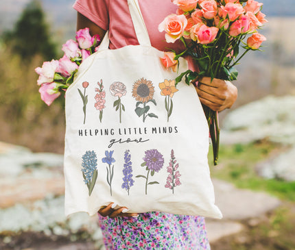 Floral Teacher Tote Bag: Helping Little Minds Grow