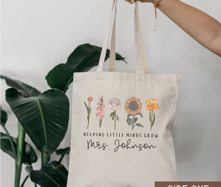 Personalized Teacher Canvas Tote Bag, Helping Little Minds Grow