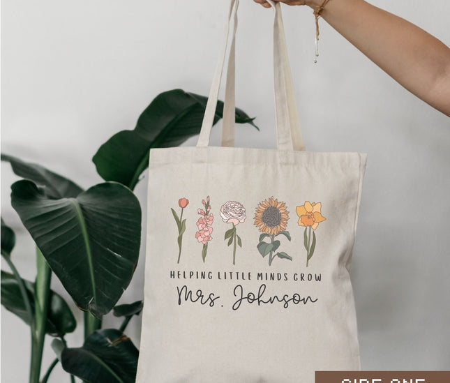 Personalized Teacher Canvas Tote Bag, Helping Little Minds Grow