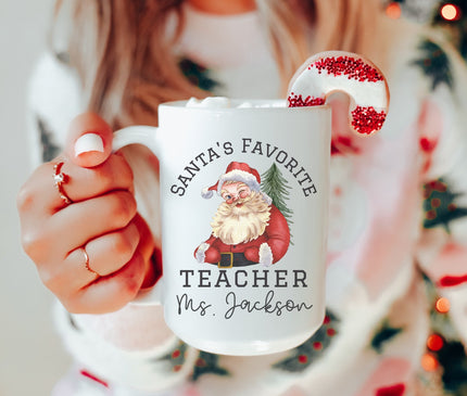 Personalized Teacher Christmas Mug, Santa's Favorite Teacher Gift