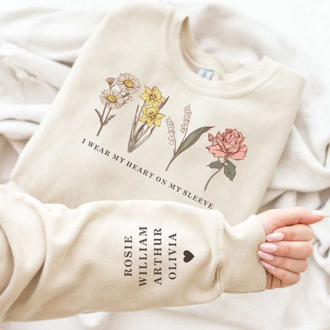 I Wear my Heart on My Sleeve Custom Birth Flower Sweatshirt with Sleeve Design