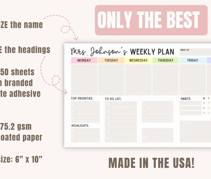 Custom Teacher Notepad: Personalized Weekly Planner, 50-Sheet Post-It Pad