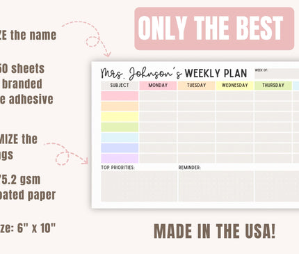Custom Teacher Lesson Plan Notepad: Personalized Weekly Planner