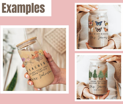 Personalized Teacher Tumbler: Floral 16oz Glass with Bamboo Lid