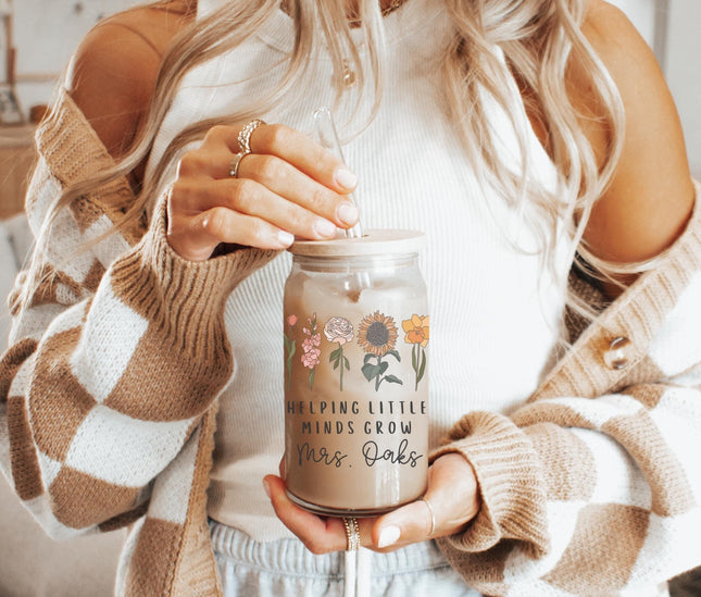 Personalized Teacher Tumbler: Floral 16oz Glass with Bamboo Lid