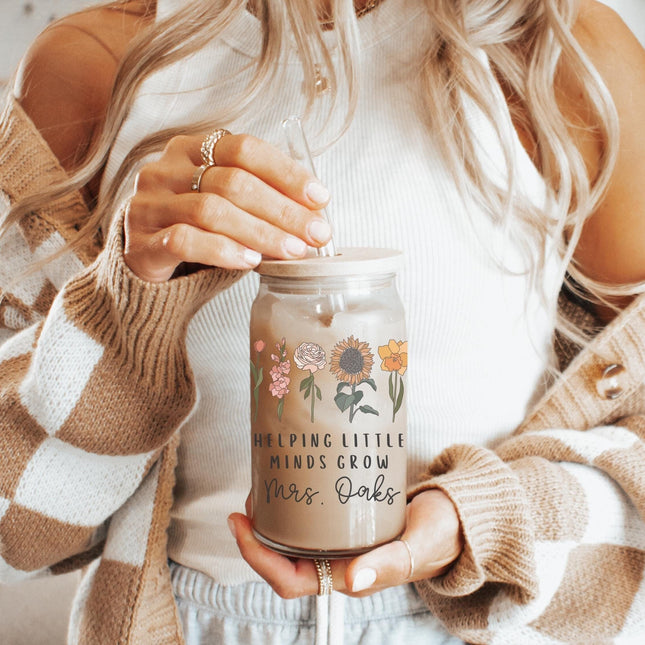 Personalized Teacher Tumbler: Floral 16oz Glass with Bamboo Lid