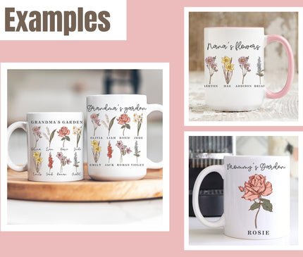 Personalized Birth Month Flower Mug, Grandma's Garden Gift